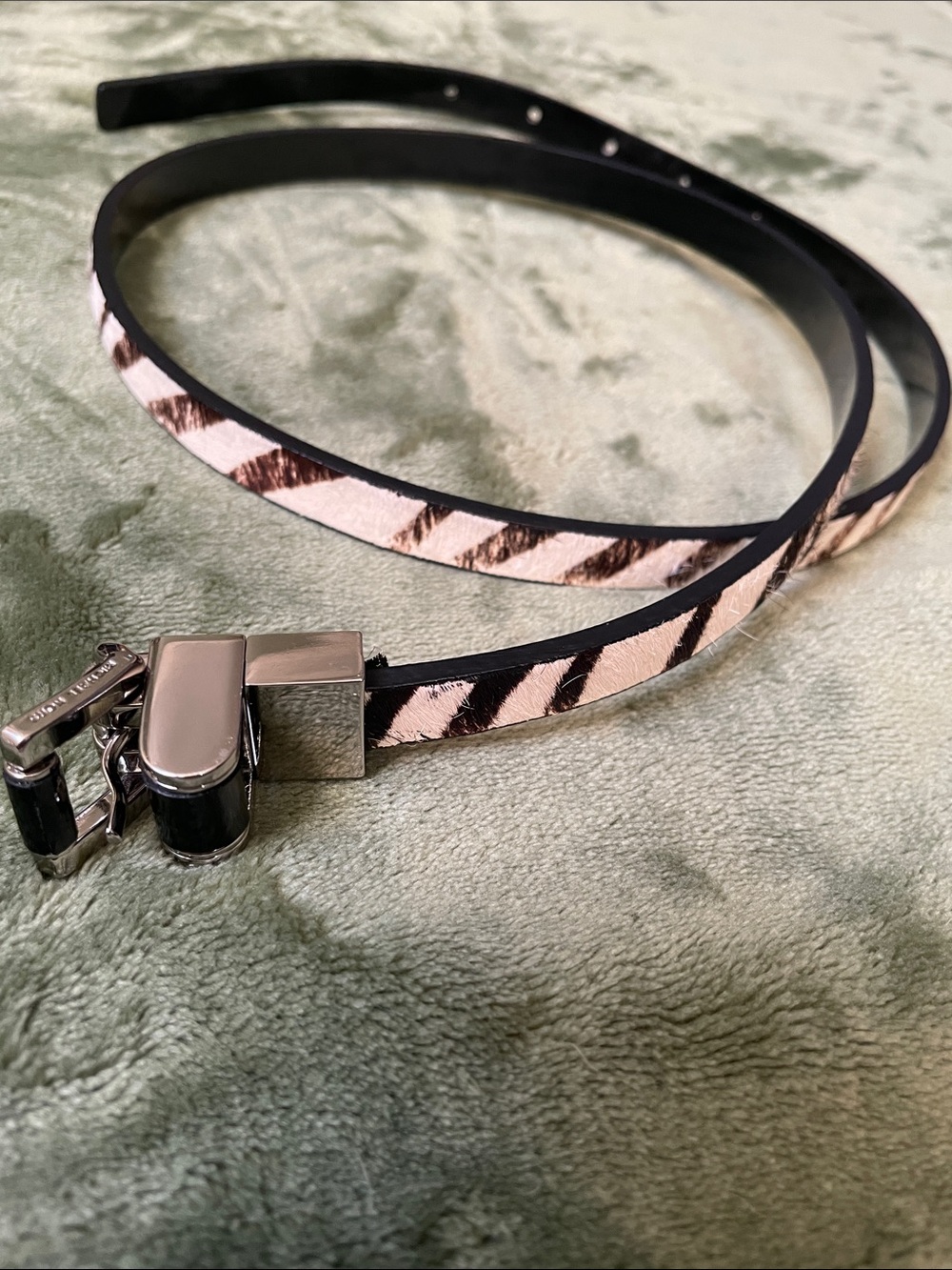 MICHAEL KORS Slim Zebra Print Leather Belt with Silver Buckle